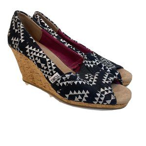 Toms Womens Aztec Tribal Organic Cotton Wedge Black Open Toe Shoes Size 9W